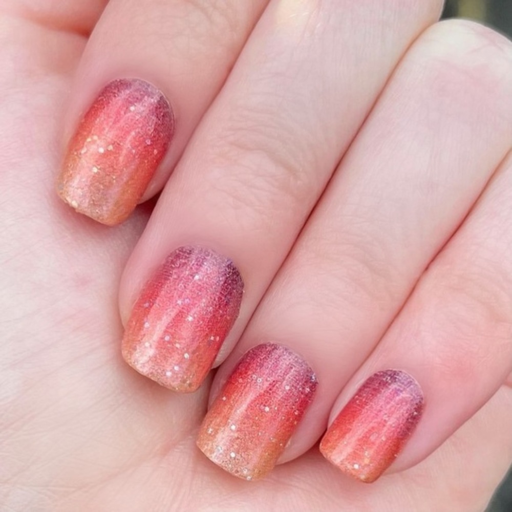 Color Street, “Solar Flare” sparkling burgundy to copper to gold glitter finish